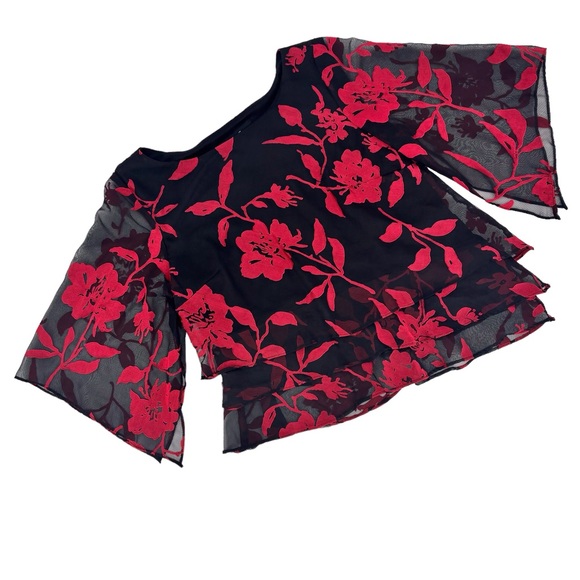 Alex Evenings Black & Red Floral Layered Asymmetrical Hem Blouse, Small - Picture 11 of 17